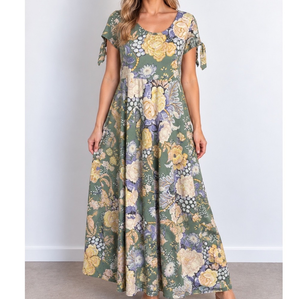 Chaps Maxi Dress Womens Large 100% Cotton Green Floral Tie Sleeve Boho Cottage